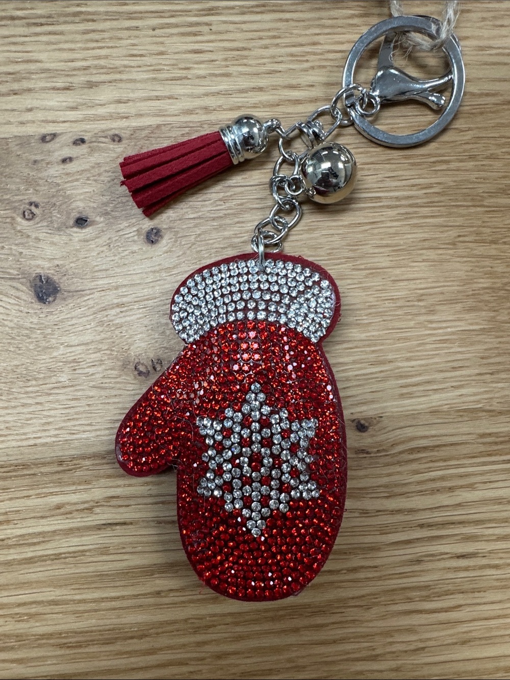 Red Crystal Mitten Keychain with Tassel